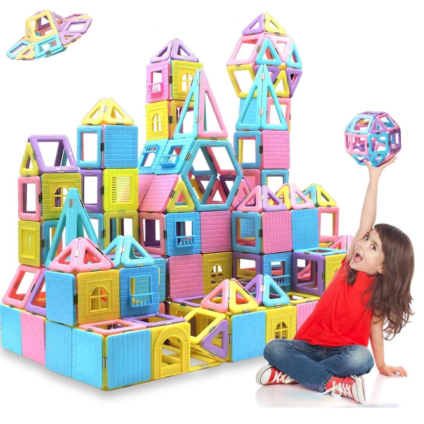 DUMMA Magnetic Tiles Building Set - 124-Piece Macaron Castle Blocks for Kids Ages 3-7