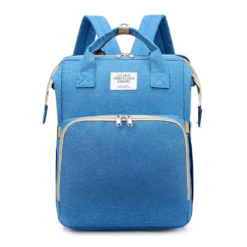 Blue backpack with visible brand label on a white background