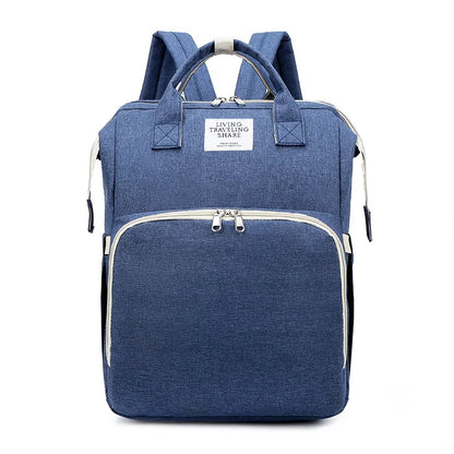 Blue backpack with white accents on a white background
